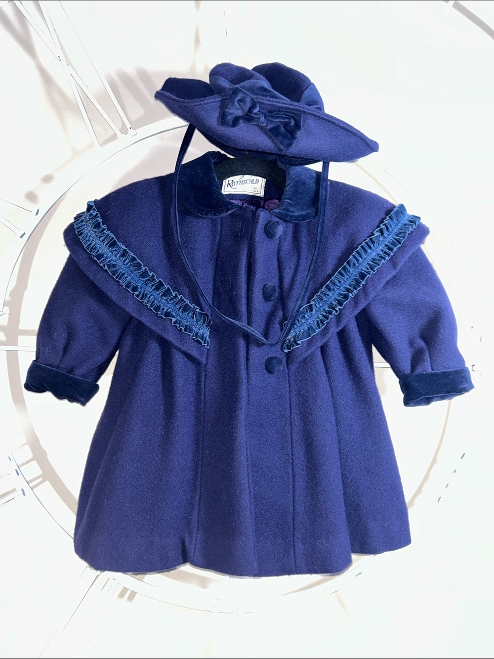 Rothschild Girls' Navy Wool Coat with Velvet Trim and Matching Hat